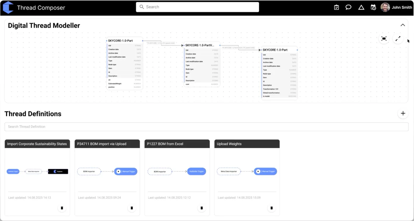 explore Thread Composer: Digital Thread Modeller mit verknüpften SKYCORE Bauteilen und darunter definierten Thread Definitions.