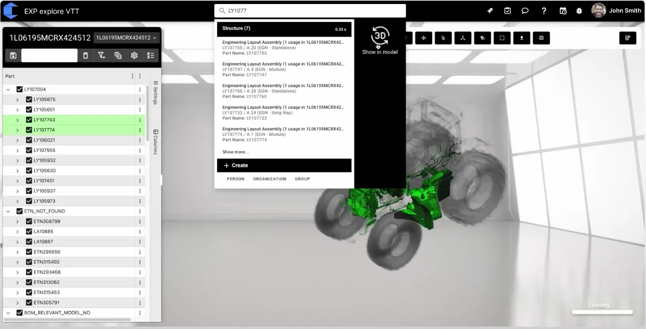 explore 3D Digital Twin mit einer über die Produktstruktur ausgewählten, grün hervorgehobenen Konfiguration.